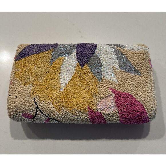 Floral Sequin Rafia Evening Clutch Purse Wedding Prom Vintage Inspired Boho - Picture 4 of 9